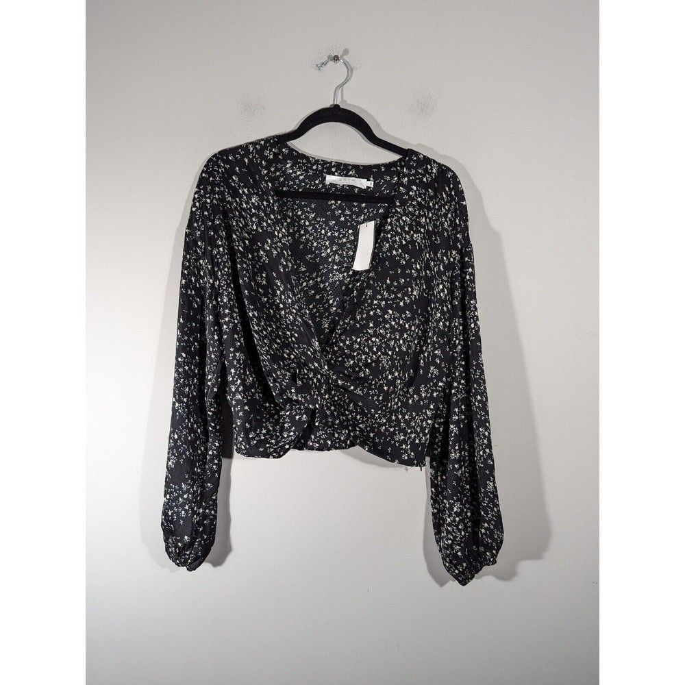 NWT ASTR The Label Black Floral Long Sleeve Faux Wrap Crop Blouse Women Size L